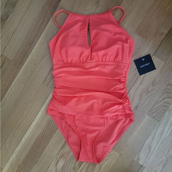 Ellen Tracy Women High Neck Over the Shoulder One Piece keyhole Swimsuit Sx 8 - Picture 9 of 13